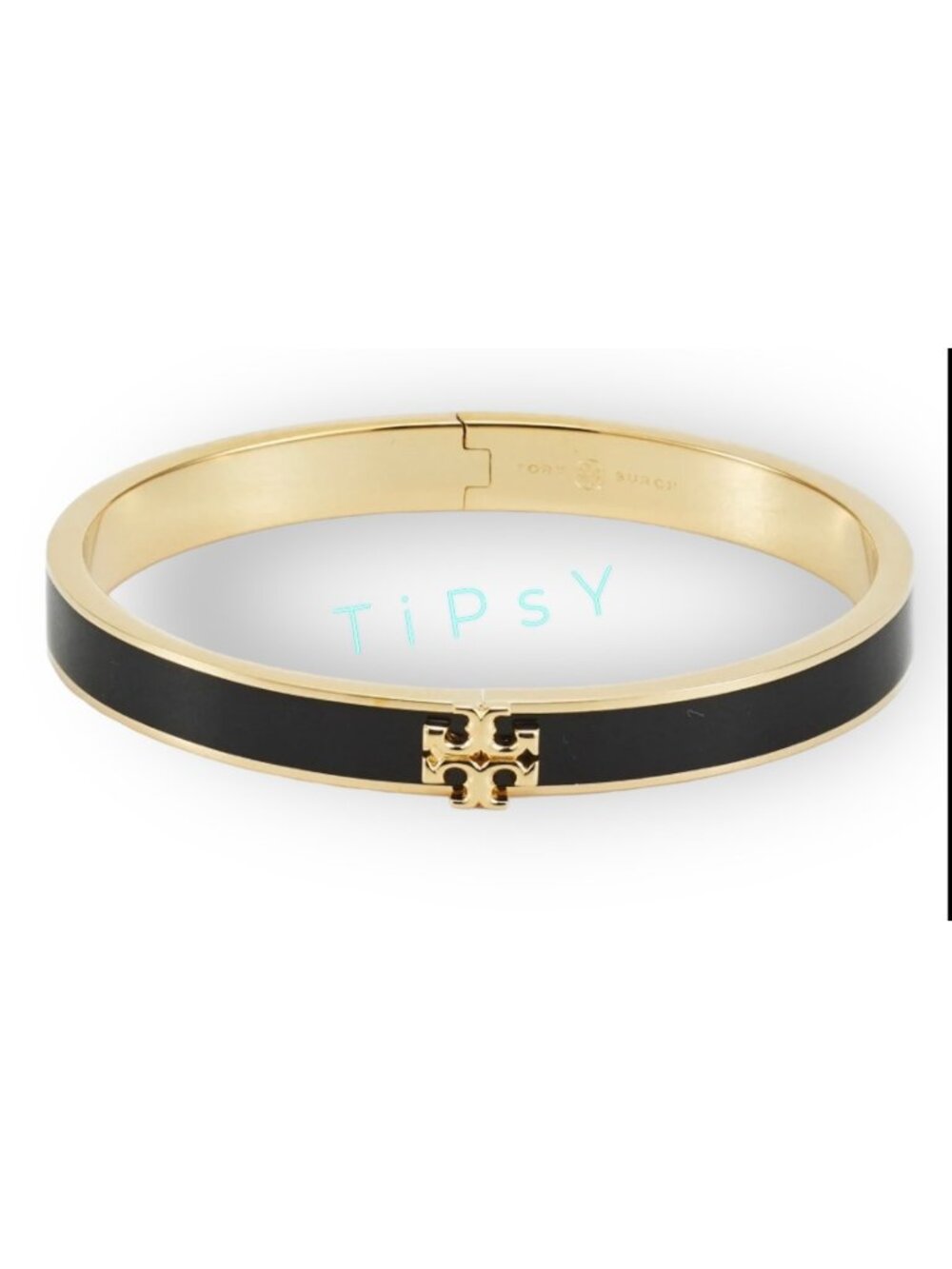 Tory Burch Kira Black & Gold Enamel Logo Hinged Bangle Bracelet